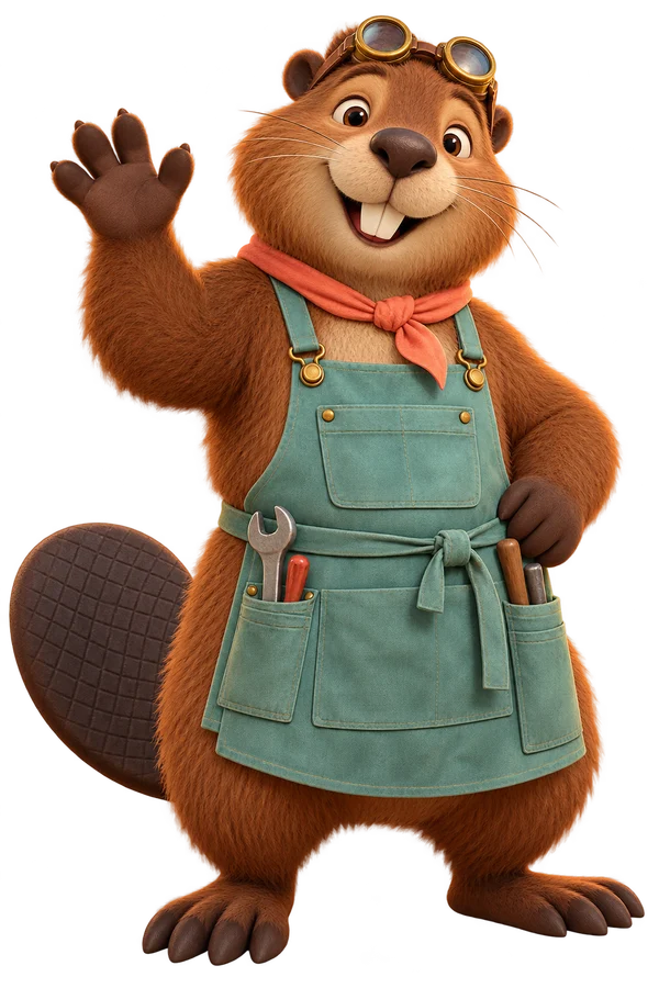 Bram, the beaver workshop keeper, waves from the boardwalk